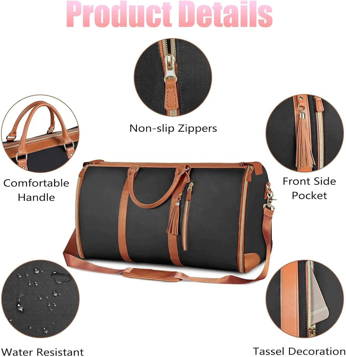 Viralhuntz Foldable Travel Bag, 2-in-1 Garment and Duffle Bag, Water-Resistant, Carry-On Approved,Large Capacity Leather Waterproof Duffel Bag (Black)