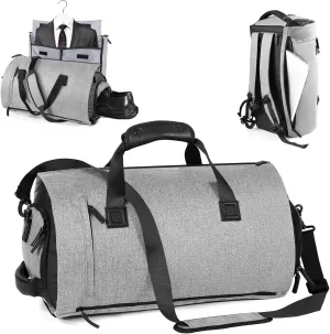 Vomgomfom 45L Foldable Garment Bag with Removable Backpack & Shoulder Straps,Business Travel Suit Bag with Separate Shoe Compartment,Grey
