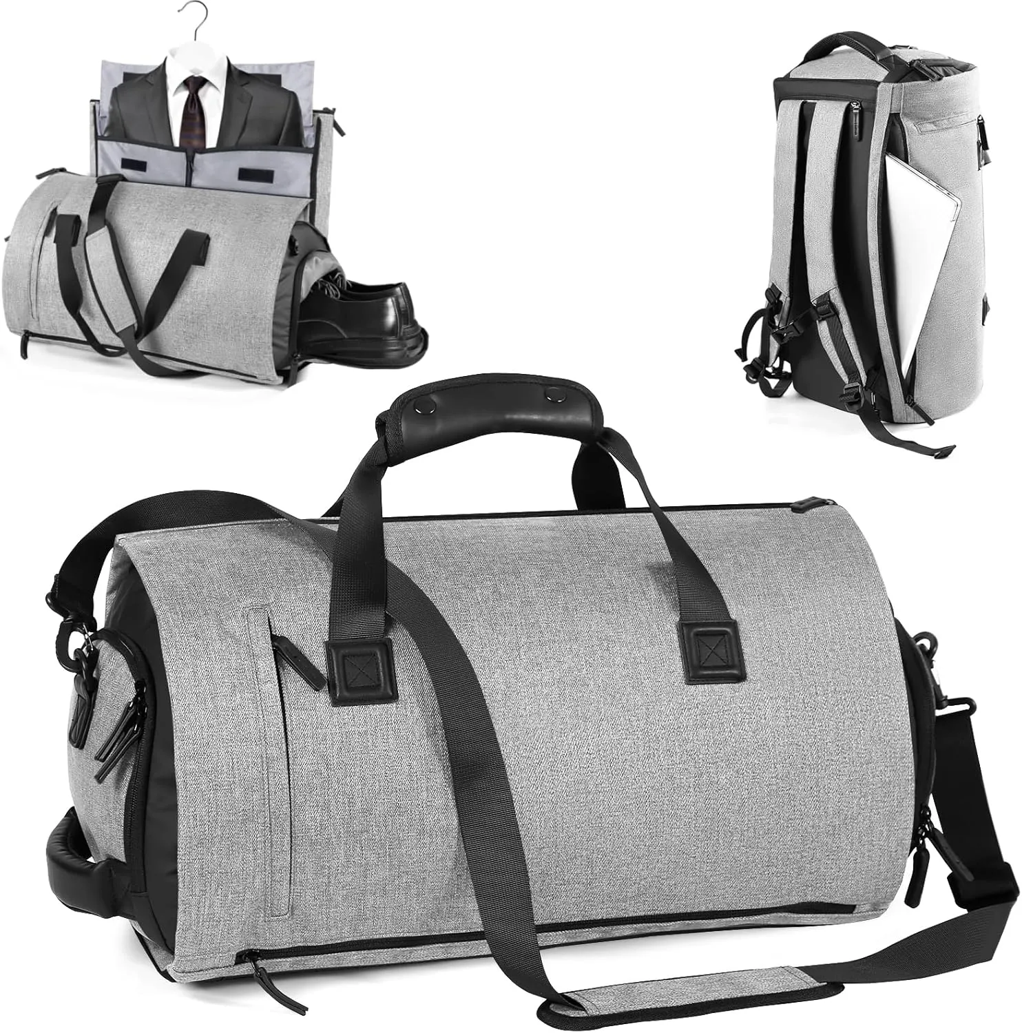 Vomgomfom 45L Foldable Garment Bag with Removable Backpack & Shoulder Straps,Business Travel Suit Bag with Separate Shoe Compartment,Grey