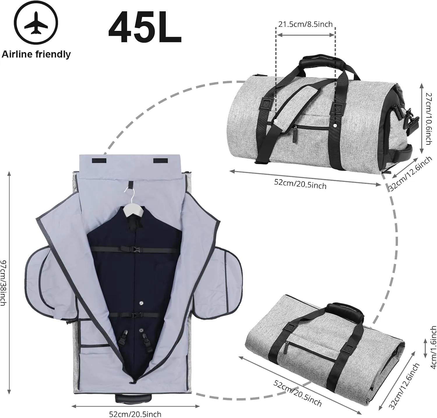 Vomgomfom 45L Foldable Garment Bag with Removable Backpack & Shoulder Straps,Business Travel Suit Bag with Separate Shoe Compartment,Grey