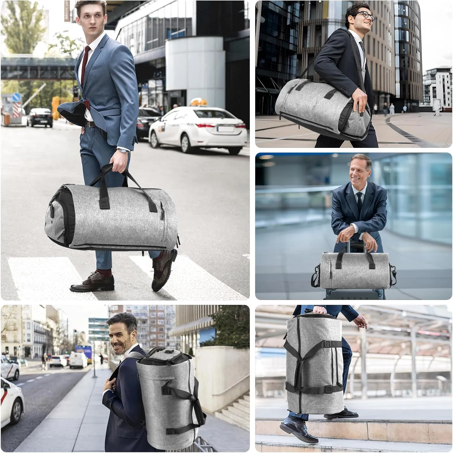 Vomgomfom 45L Foldable Garment Bag with Removable Backpack & Shoulder Straps,Business Travel Suit Bag with Separate Shoe Compartment,Grey