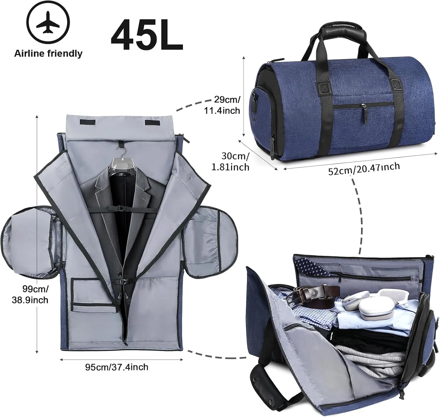 Vomgomfom 45L Foldable Garment Bag with Removable Backpack & Shoulder Straps,Business Travel Suit Bag with Separate Shoe Compartment,Navy Blue