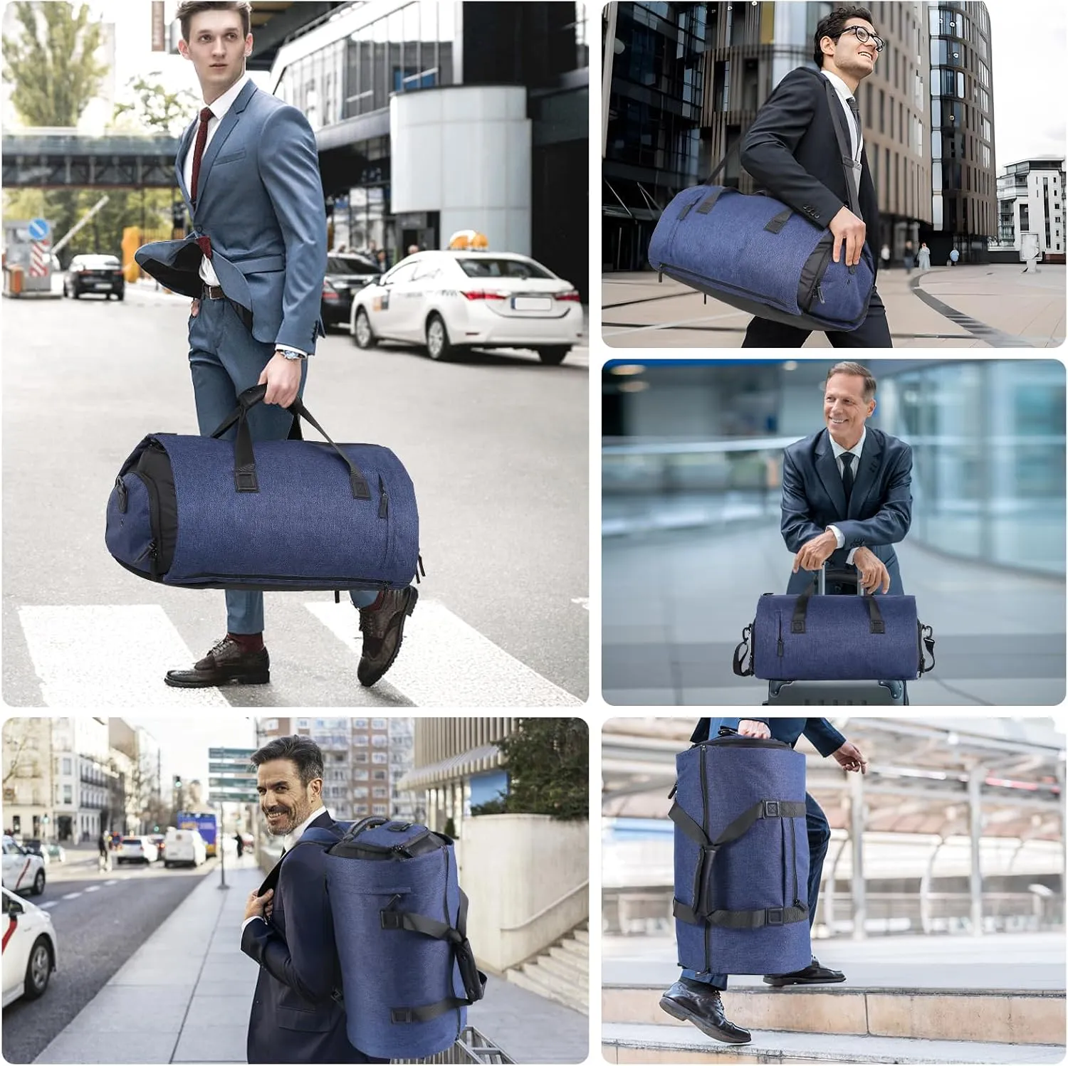 Vomgomfom 45L Foldable Garment Bag with Removable Backpack & Shoulder Straps,Business Travel Suit Bag with Separate Shoe Compartment,Navy Blue
