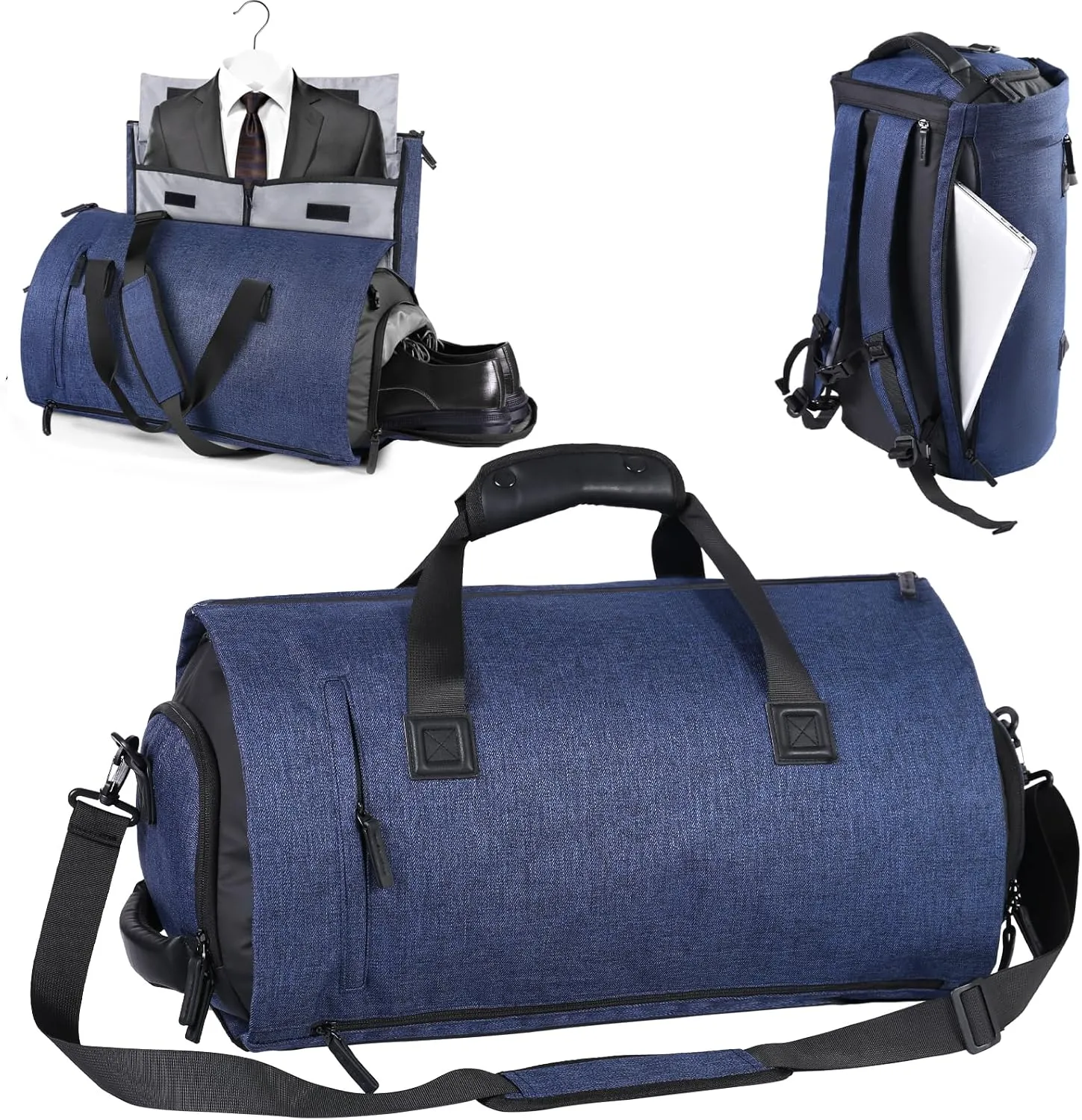 Vomgomfom 45L Foldable Garment Bag with Removable Backpack & Shoulder Straps,Business Travel Suit Bag with Separate Shoe Compartment,Navy Blue