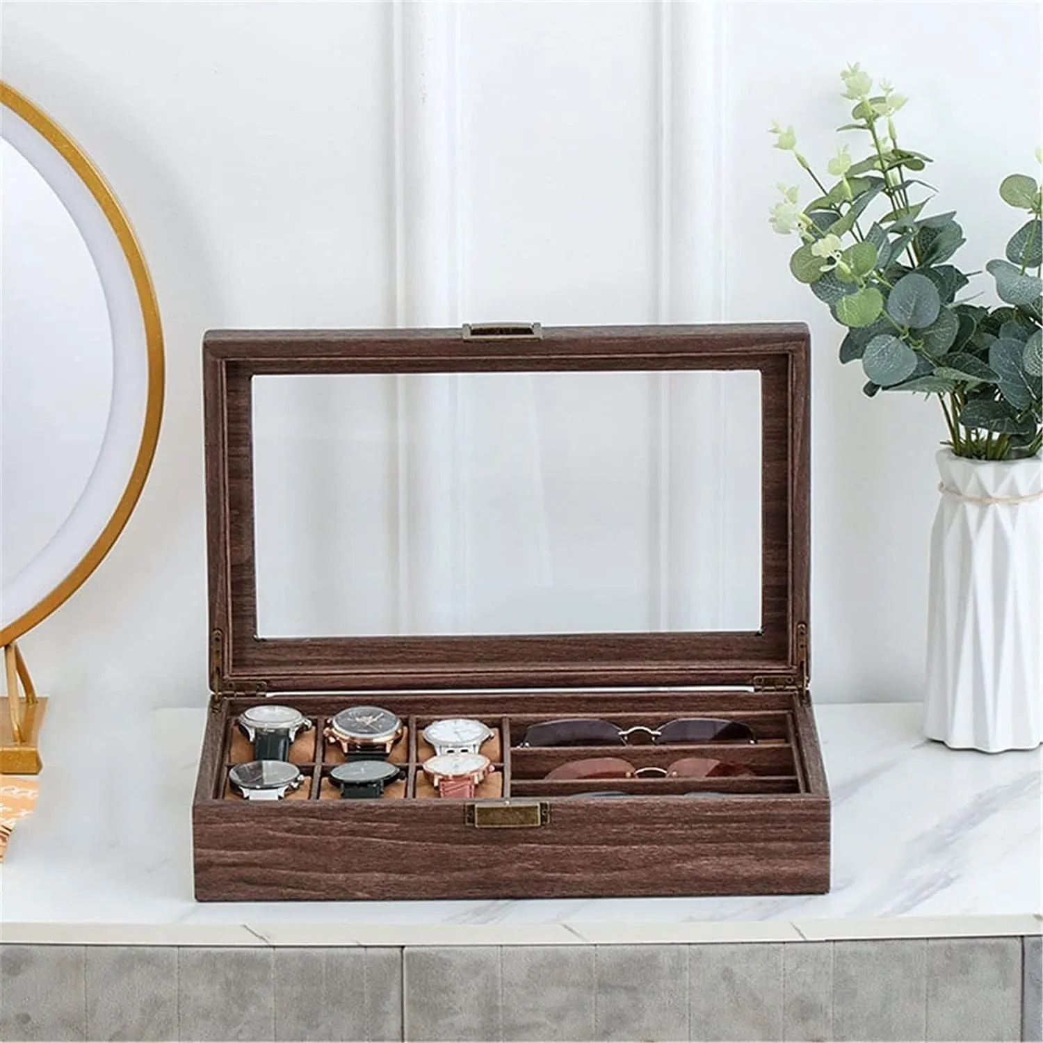 Watch Box Watch Case Watch Display Organizer Watch Eyeglasses Display Case 6 Slots Watch Organizer And 3 Grids Sunglasses Storage Box Watch Organiser Men