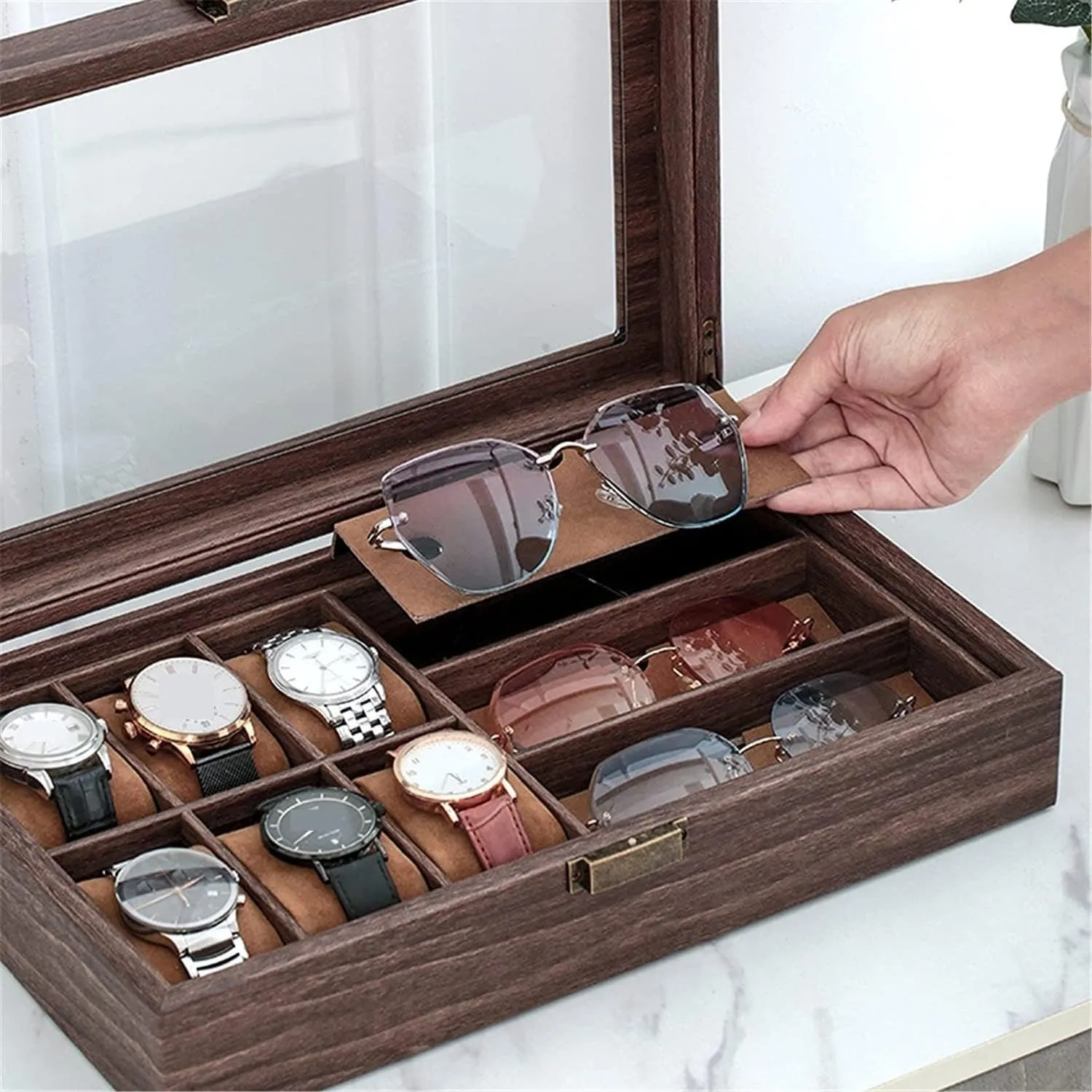 Watch Box Watch Case Watch Display Organizer Watch Eyeglasses Display Case 6 Slots Watch Organizer And 3 Grids Sunglasses Storage Box Watch Organiser Men
