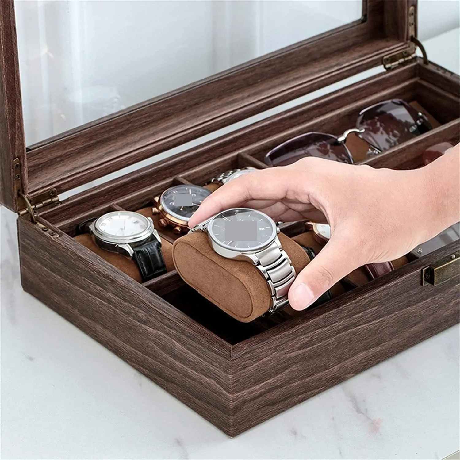 Watch Box Watch Case Watch Display Organizer Watch Eyeglasses Display Case 6 Slots Watch Organizer And 3 Grids Sunglasses Storage Box Watch Organiser Men