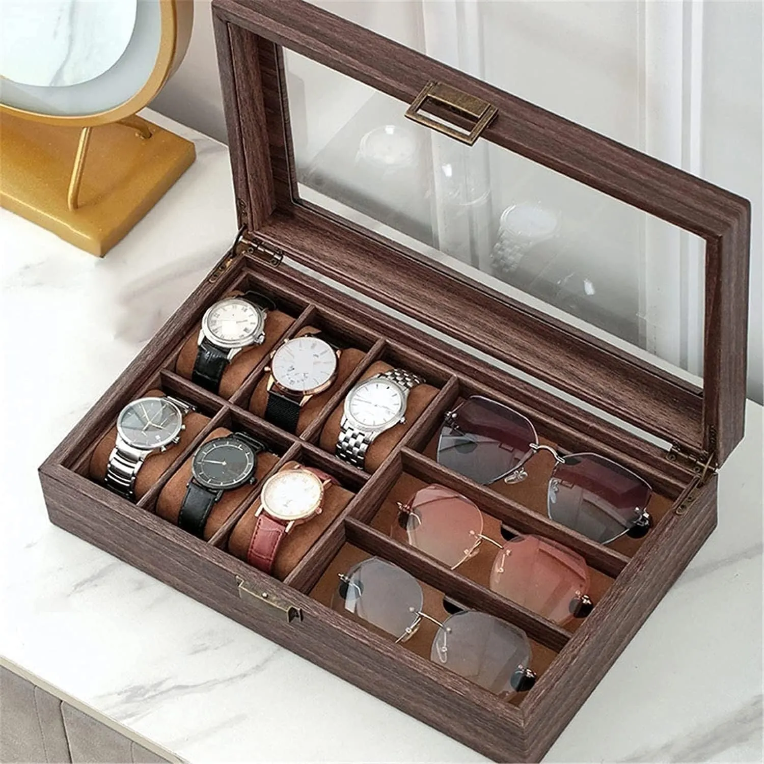Watch Box Watch Case Watch Display Organizer Watch Eyeglasses Display Case 6 Slots Watch Organizer And 3 Grids Sunglasses Storage Box Watch Organiser Men