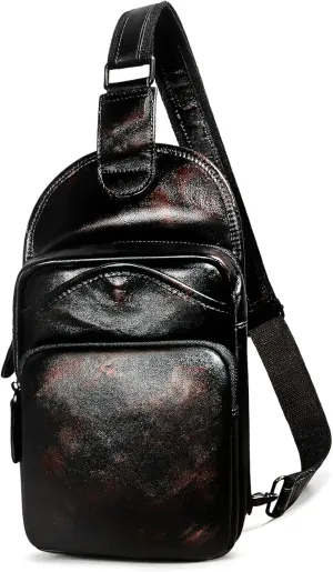 Water Resistant Canvas   Leather Hiking Travel DayPack Sling Crossbody Triangle Chest Pack Bag For Men Women FB8013 (100% Genuine Leather-9977 Coffee)
