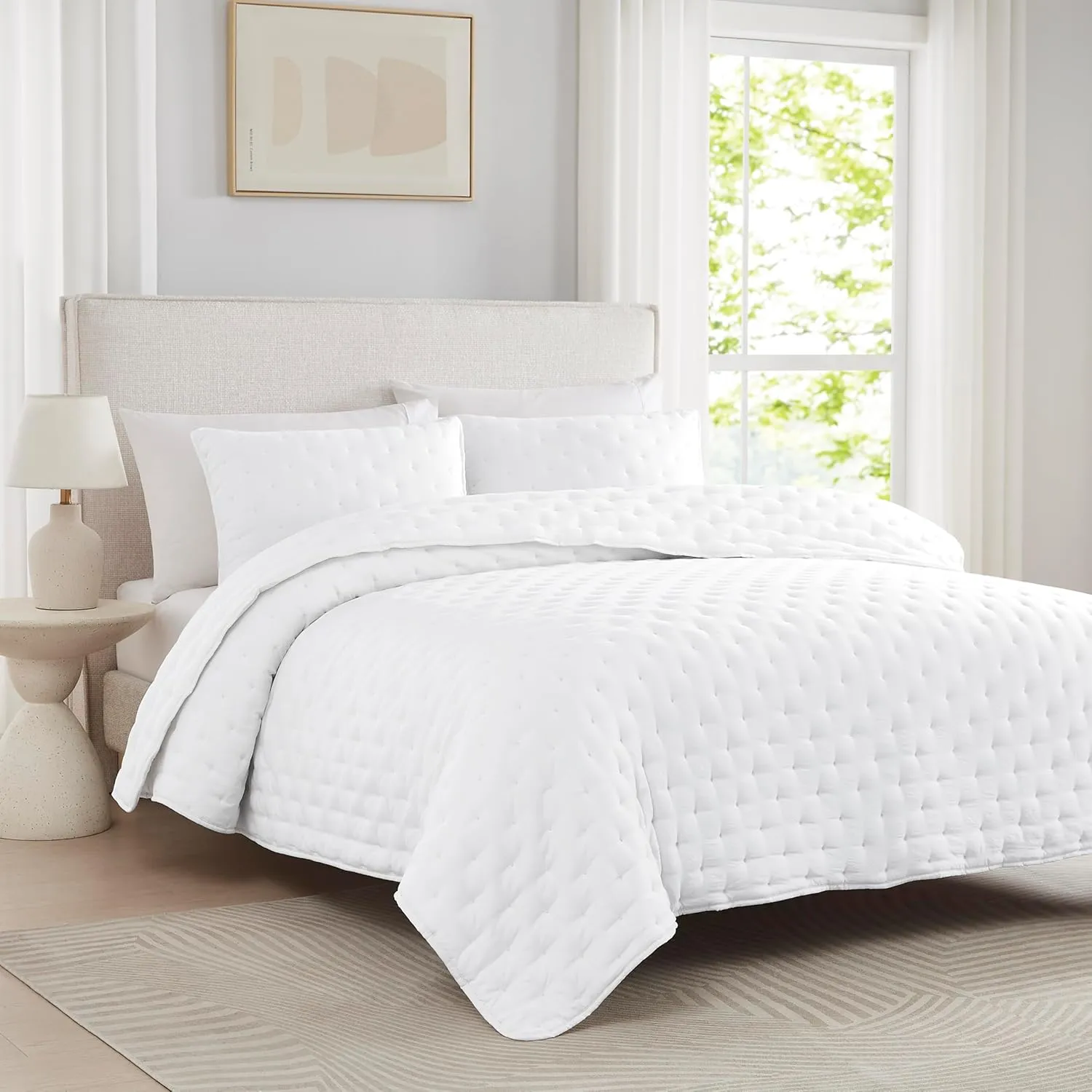 WDCOZY White Cloud Quilt King Size Bedding Set with Pillow Sham, Puffy Cozy Lightweight Bedspread Coverlet, Soft Cute Bed Cover for All Season - 3 Pieces, 104x90 inches
