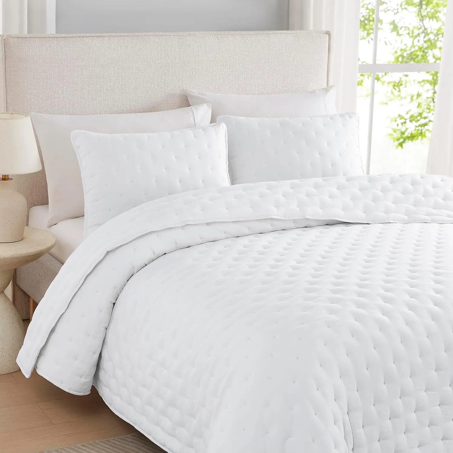 WDCOZY White Cloud Quilt King Size Bedding Set with Pillow Sham, Puffy Cozy Lightweight Bedspread Coverlet, Soft Cute Bed Cover for All Season - 3 Pieces, 104x90 inches