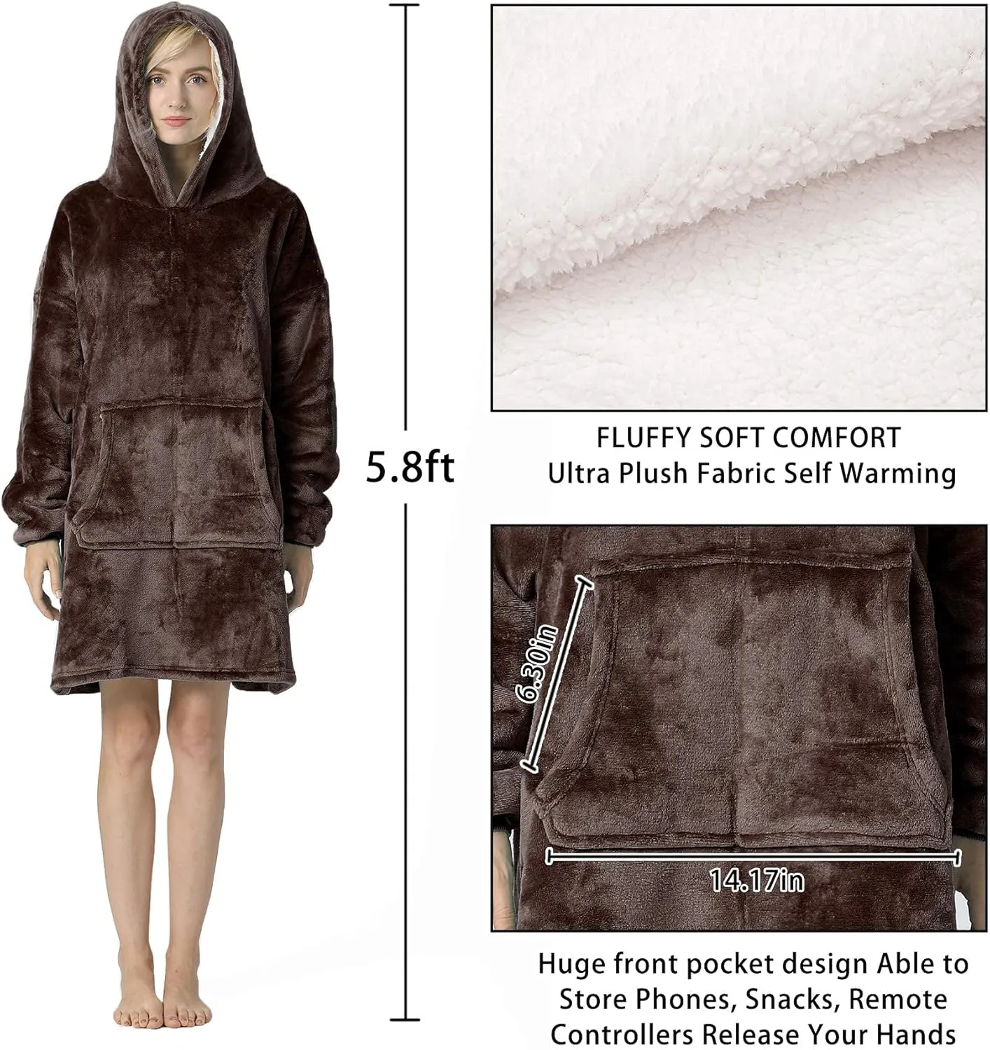 Wearable Blanket Hoodie, Oversized Sherpa Fleece Sweatshirt Blanket with Giant Pocket for Women Gift