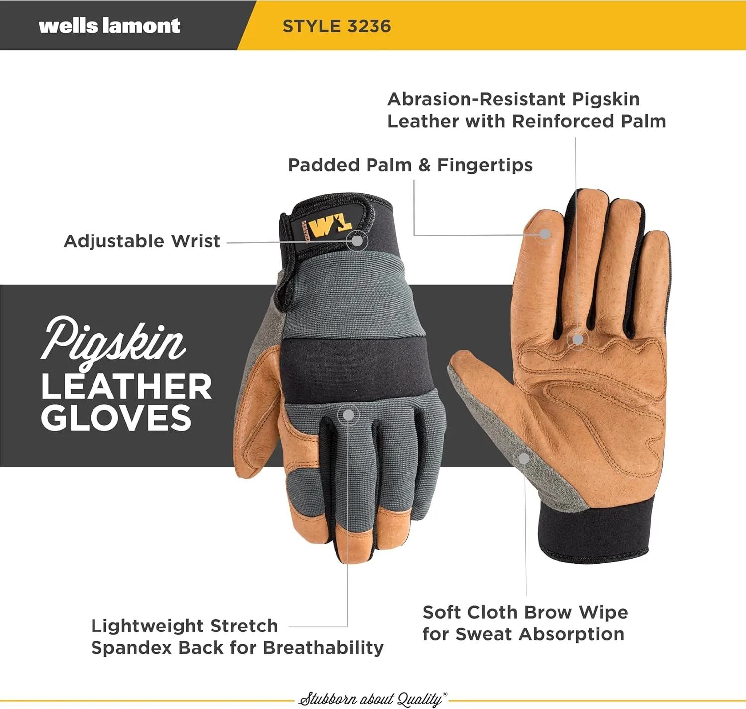 Wells Lamont Men's Heavy Duty Leather Palm Hybrid Spandex Work Gloves, Large (3236L), Gray