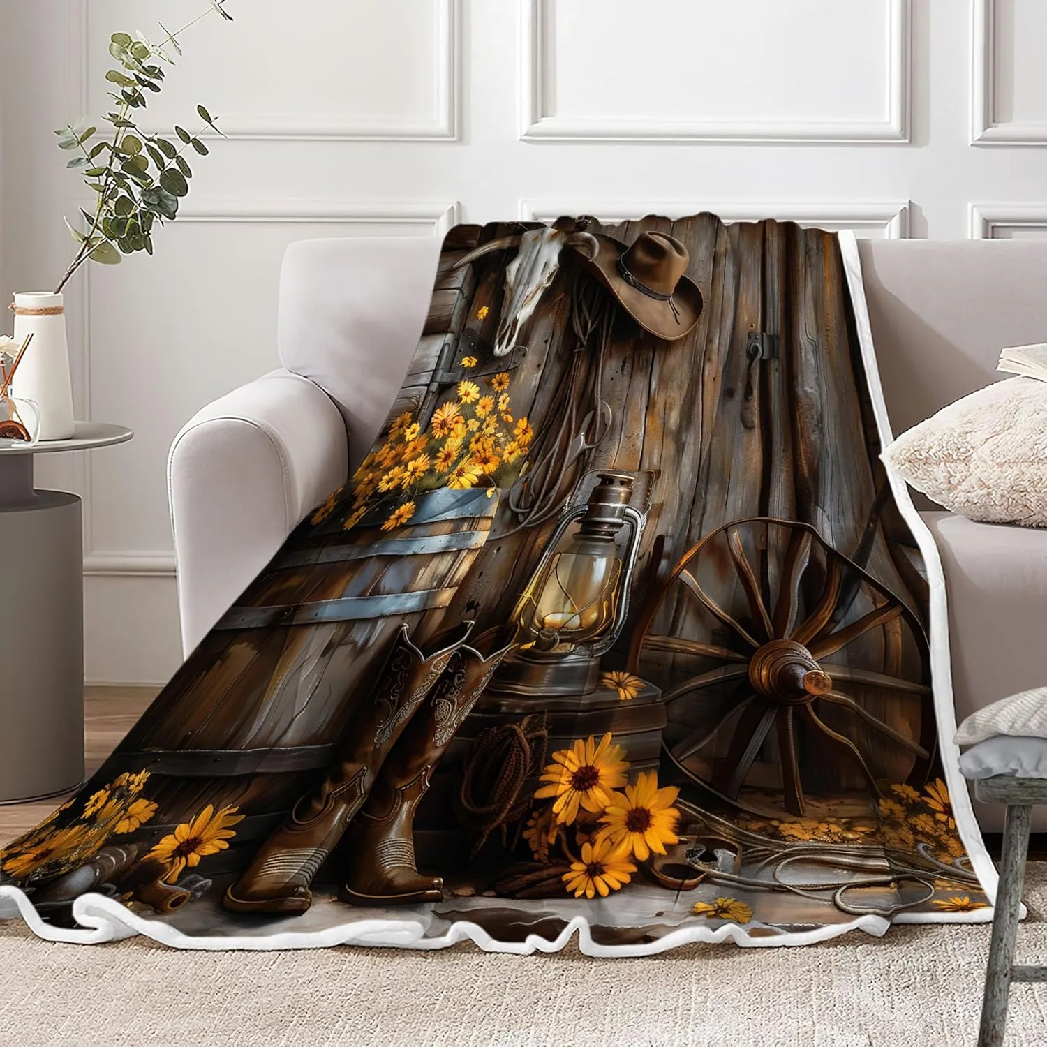 Western Cowboy Throw Blanket Farmhouse Barn Southwest Country Ranch Cowboy Boots Floral Soft Warm Cozy Plush Comfy Blanket for Couch Bed Sofa Rustic Southwestern Fleece Flannel Decorative Throws
