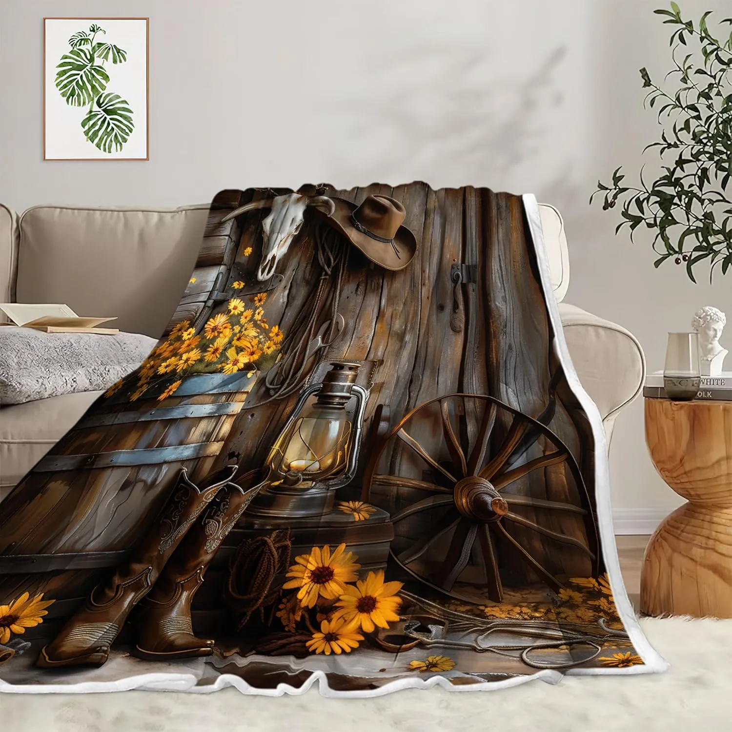 Western Cowboy Throw Blanket Farmhouse Barn Southwest Country Ranch Cowboy Boots Floral Soft Warm Cozy Plush Comfy Blanket for Couch Bed Sofa Rustic Southwestern Fleece Flannel Decorative Throws