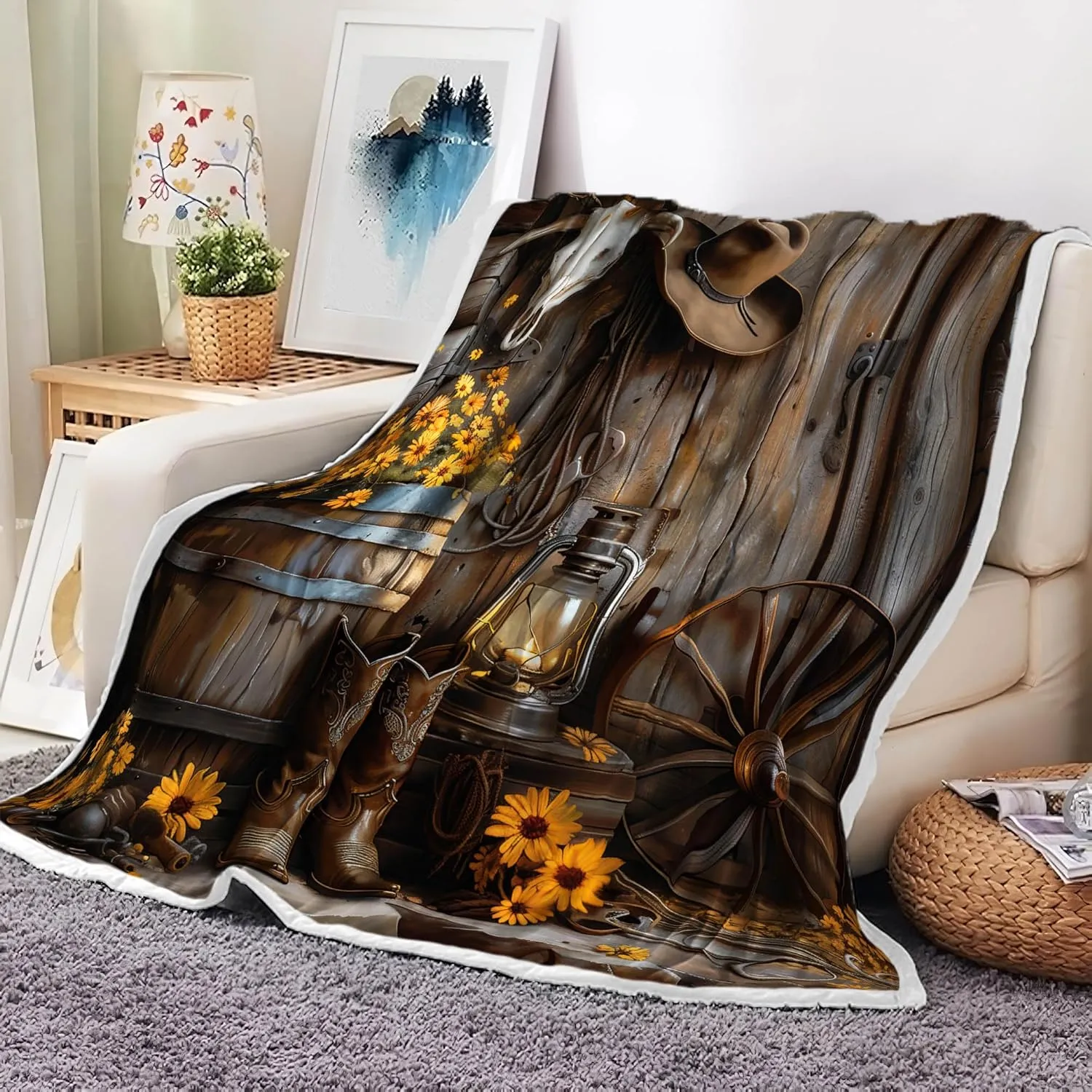 Western Cowboy Throw Blanket Farmhouse Barn Southwest Country Ranch Cowboy Boots Floral Soft Warm Cozy Plush Comfy Blanket for Couch Bed Sofa Rustic Southwestern Fleece Flannel Decorative Throws