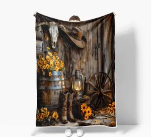 Western Cowboy Throw Blanket Farmhouse Barn Southwest Country Ranch Cowboy Boots Floral Soft Warm Cozy Plush Comfy Blanket for Couch Bed Sofa Rustic Southwestern Fleece Flannel Decorative Throws