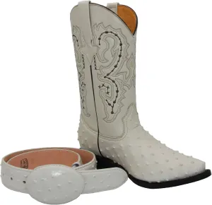 Western Shops Mens Leather Cowboy Boots Embossed Ostrich Quill Print Western Boot with Free Belt