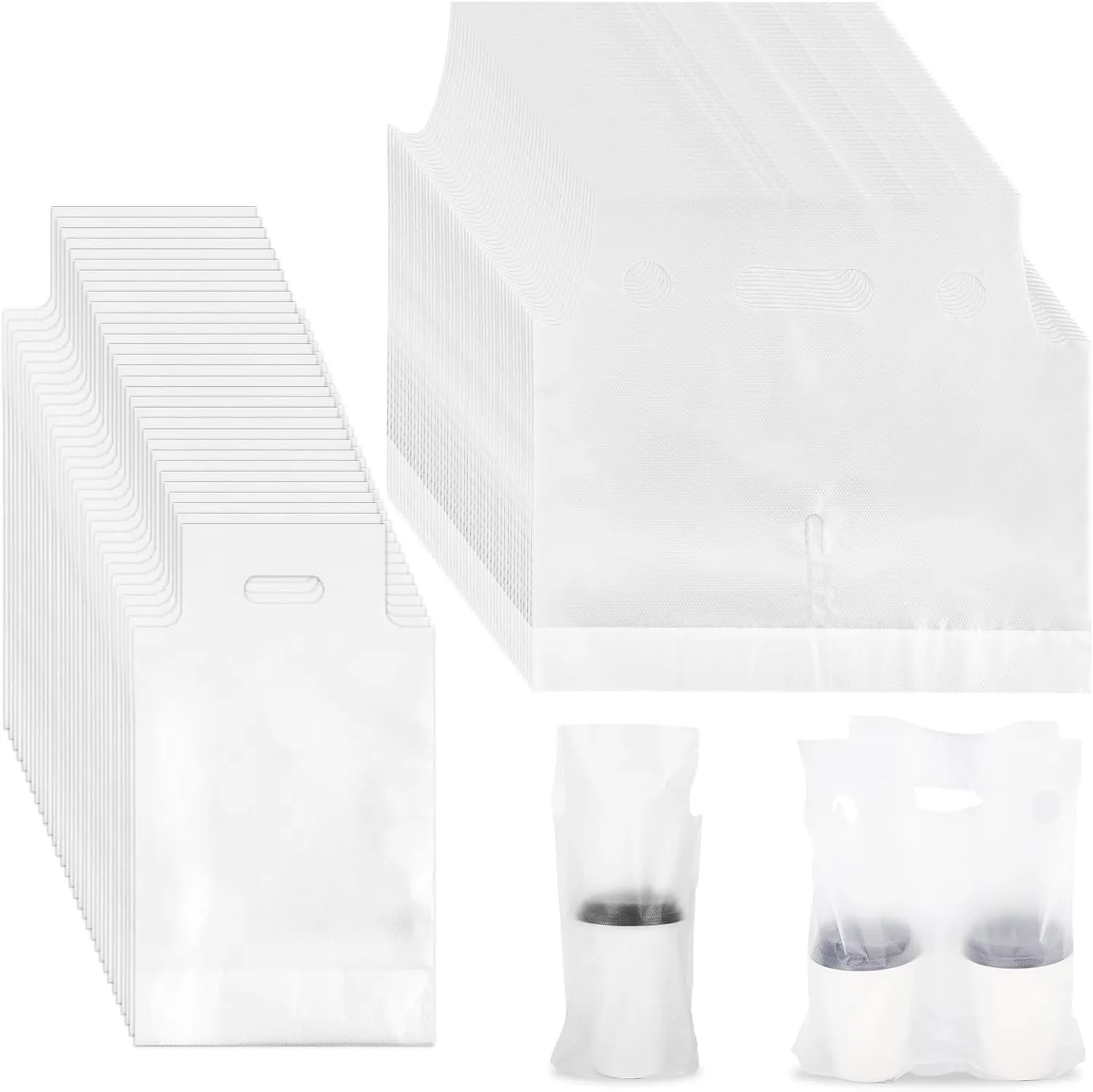 Whaline 1000 Count Handle Drink Bags 1 & 2 Cup Clear Plastic Packaging Poly Bag Carriers for Delivery Take Out Cup Holder Beverage Coffee Juice Mike Tea Supplies