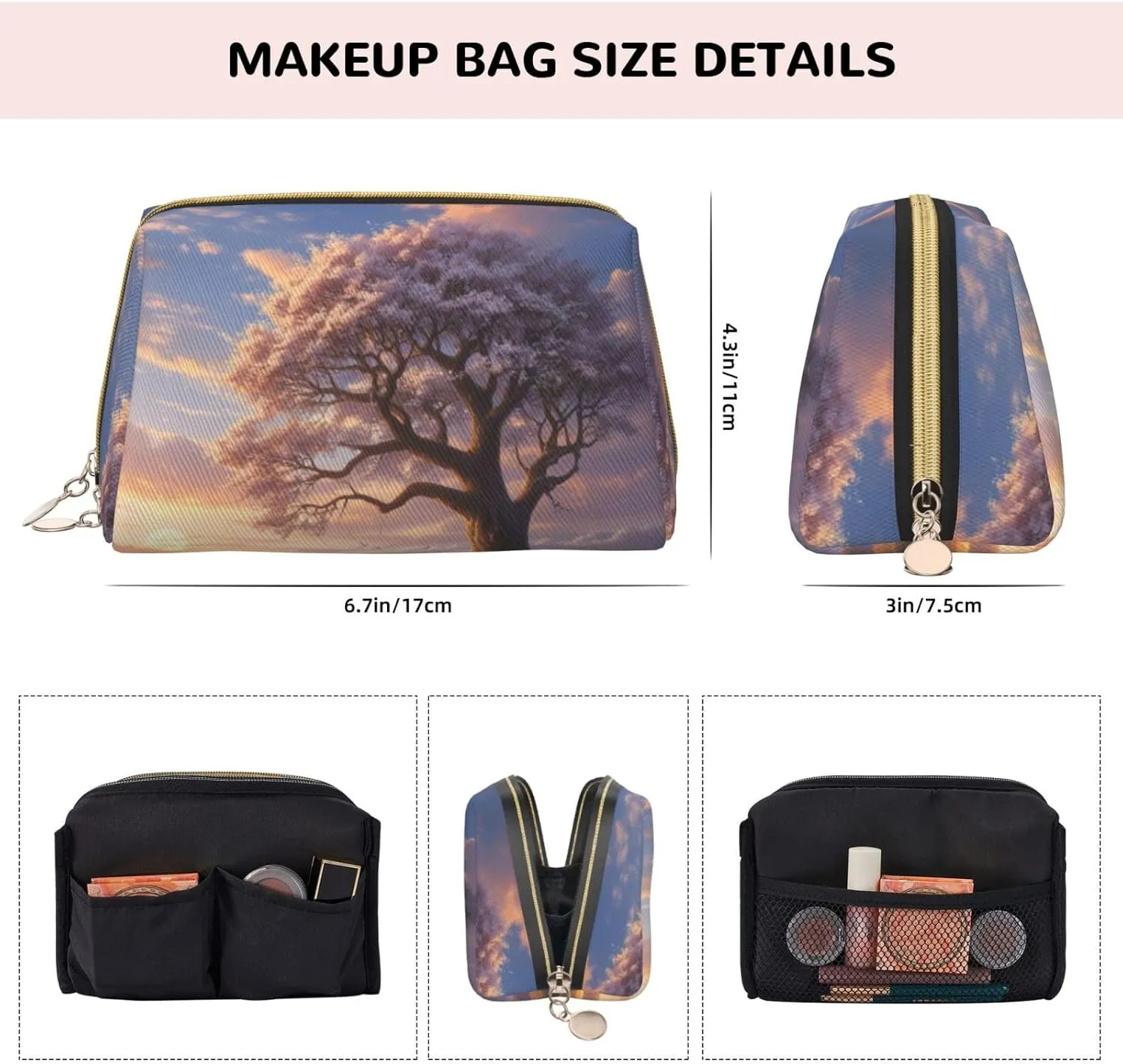 Whispered Wonders Printed Small Makeup Bag,Travel Cosmetic Bag Purse with Zipper,Water-resistant Makeup Organizer Bag for Women