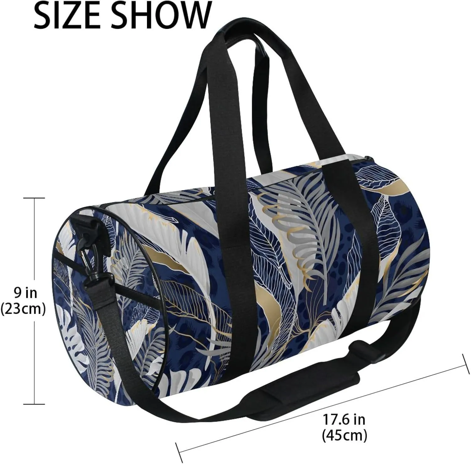 White Grey Tropical Leaves with Gold Elements on Blue Leopard Skin Portable Gym Bag, Travel Bag, Luggage bag, Sports Bag, Toiletry Bag with Handles, Detachable Shoulder Strap 17.6 x 9 x 9 inch