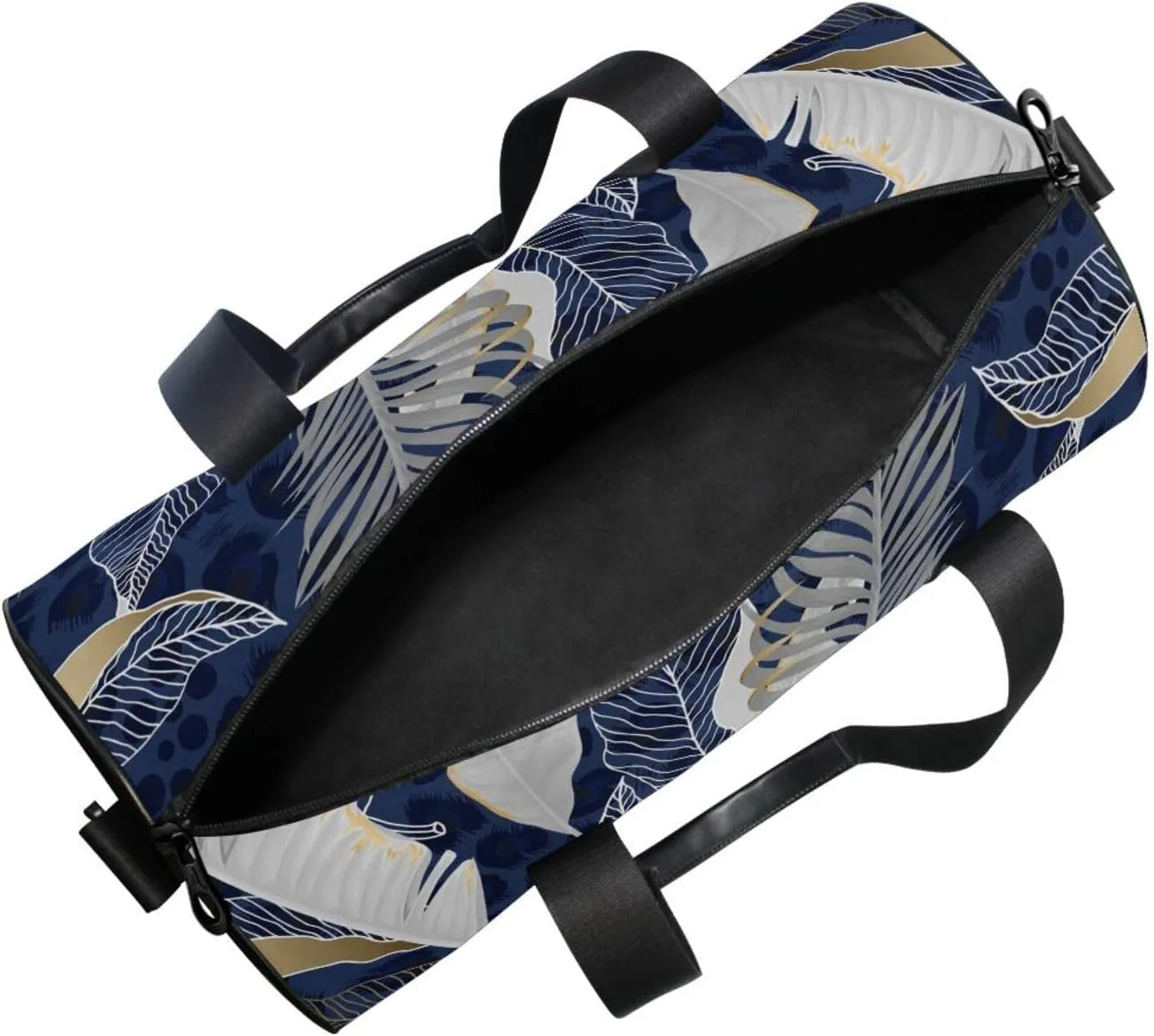 White Grey Tropical Leaves with Gold Elements on Blue Leopard Skin Portable Gym Bag, Travel Bag, Luggage bag, Sports Bag, Toiletry Bag with Handles, Detachable Shoulder Strap 17.6 x 9 x 9 inch