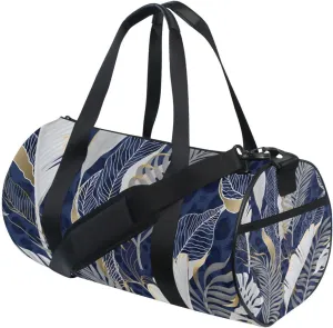 White Grey Tropical Leaves with Gold Elements on Blue Leopard Skin Portable Gym Bag, Travel Bag, Luggage bag, Sports Bag, Toiletry Bag with Handles, Detachable Shoulder Strap 17.6 x 9 x 9 inch