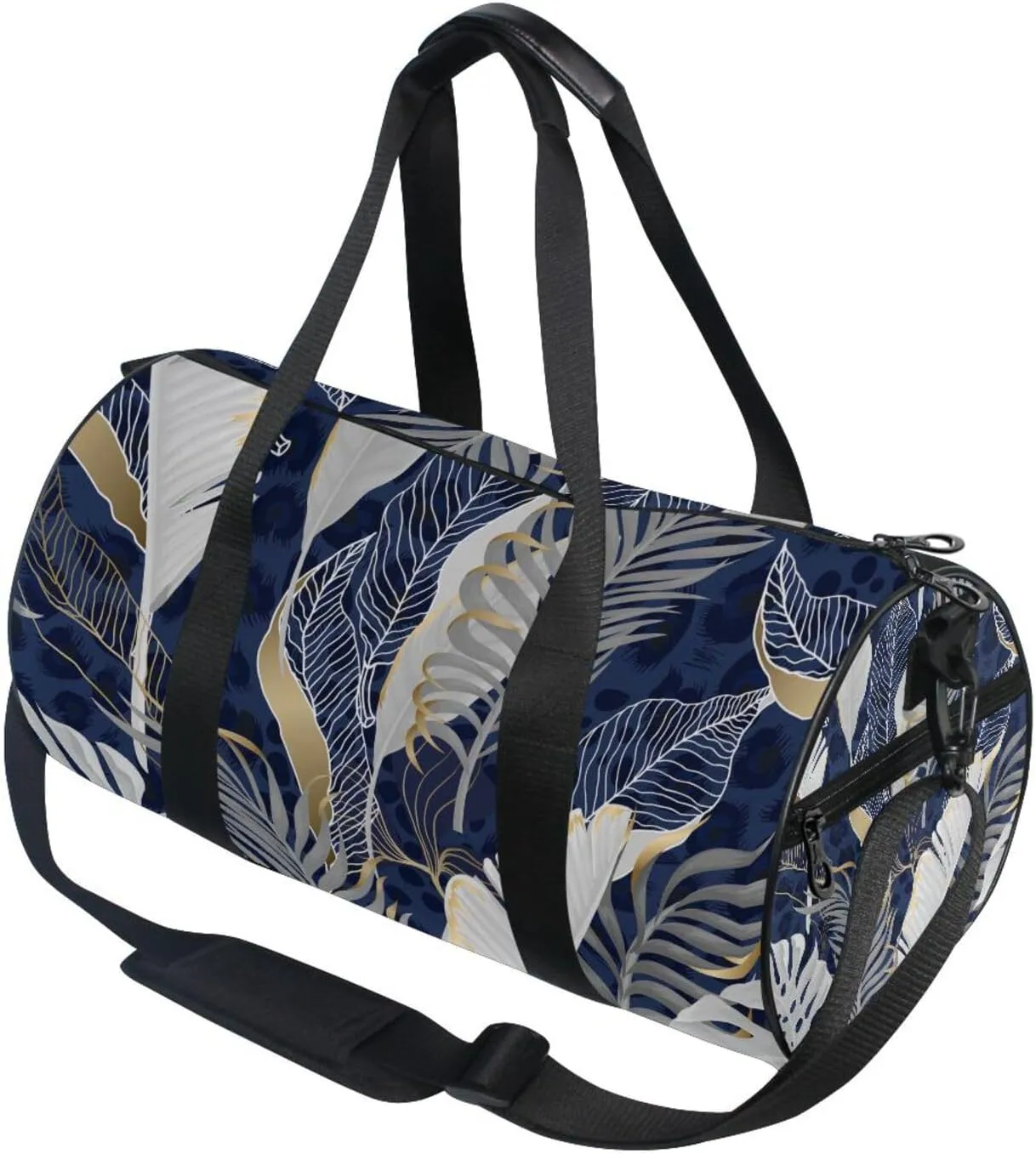 White Grey Tropical Leaves with Gold Elements on Blue Leopard Skin Portable Gym Bag, Travel Bag, Luggage bag, Sports Bag, Toiletry Bag with Handles, Detachable Shoulder Strap 17.6 x 9 x 9 inch