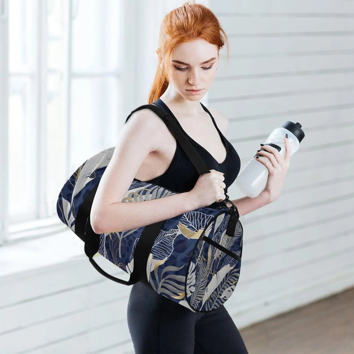 White Grey Tropical Leaves with Gold Elements on Blue Leopard Skin Portable Gym Bag, Travel Bag, Luggage bag, Sports Bag, Toiletry Bag with Handles, Detachable Shoulder Strap 17.6 x 9 x 9 inch