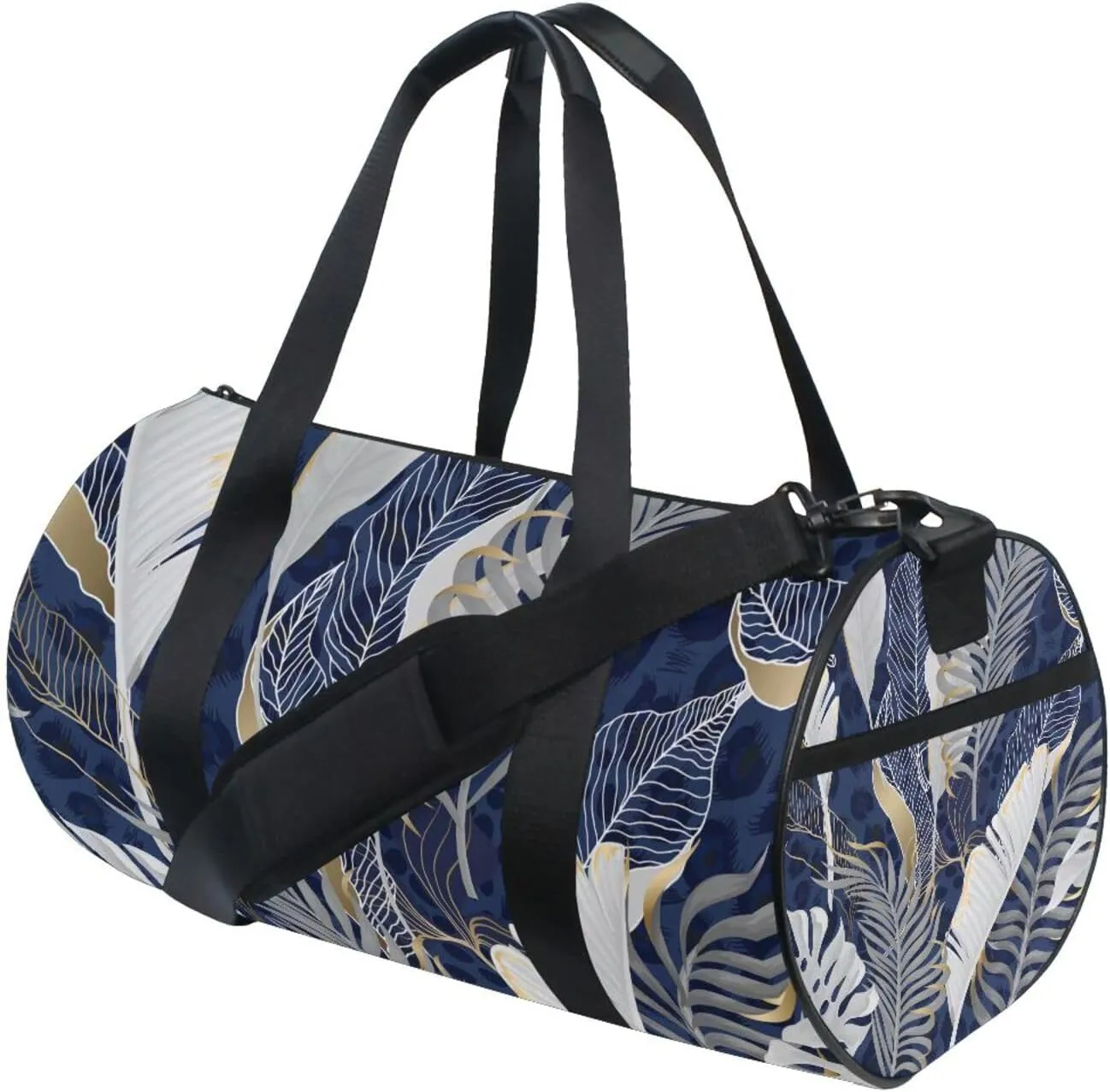 White Grey Tropical Leaves with Gold Elements on Blue Leopard Skin Portable Gym Bag, Travel Bag, Luggage bag, Sports Bag, Toiletry Bag with Handles, Detachable Shoulder Strap 17.6 x 9 x 9 inch