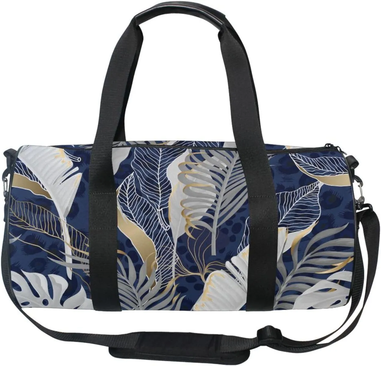 White Grey Tropical Leaves with Gold Elements on Blue Leopard Skin Portable Gym Bag, Travel Bag, Luggage bag, Sports Bag, Toiletry Bag with Handles, Detachable Shoulder Strap 17.6 x 9 x 9 inch
