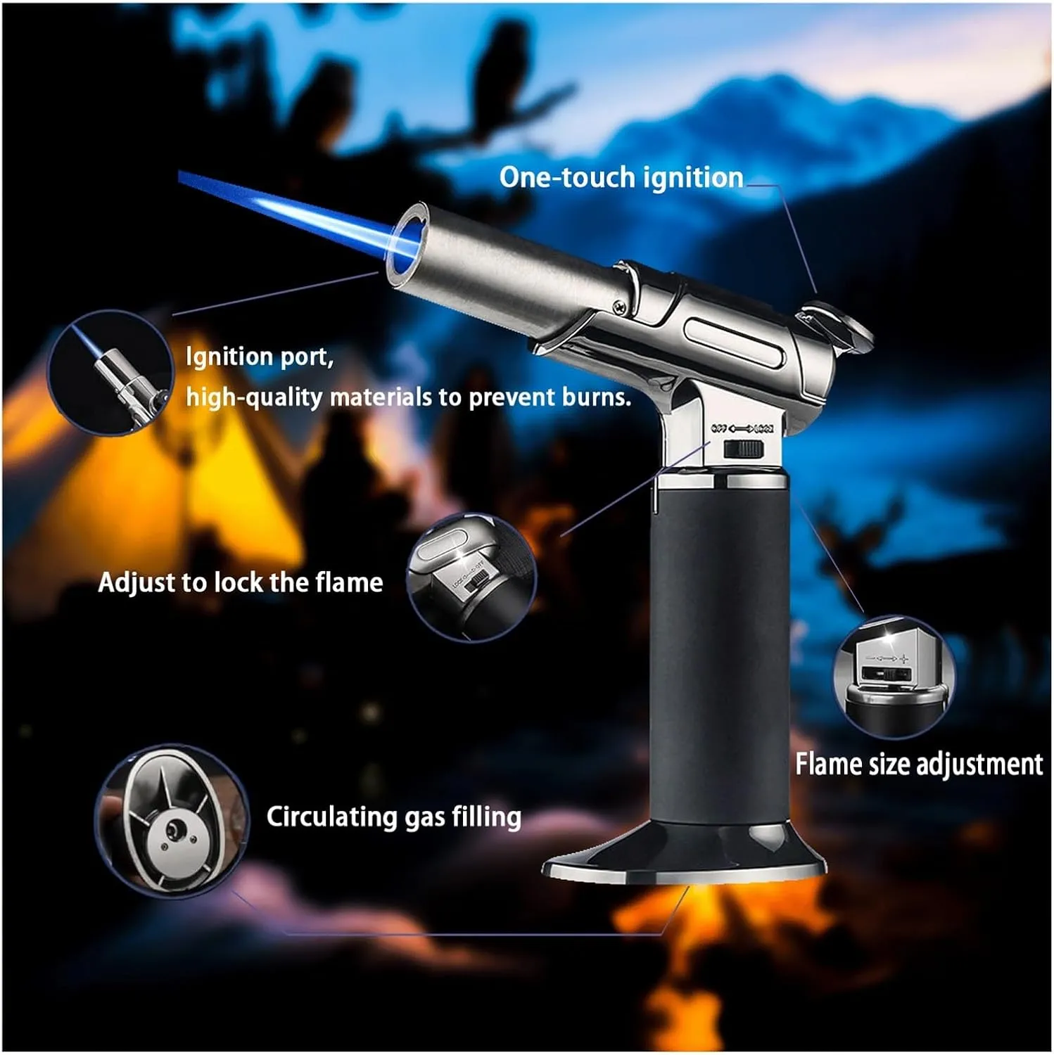 Windproof refillable zinc Alloy Direct Spray Flame Lockable fire Large Capacity Adjustable Size Torch Lighter, Camping Candle Travel (not Butane)(Blue)