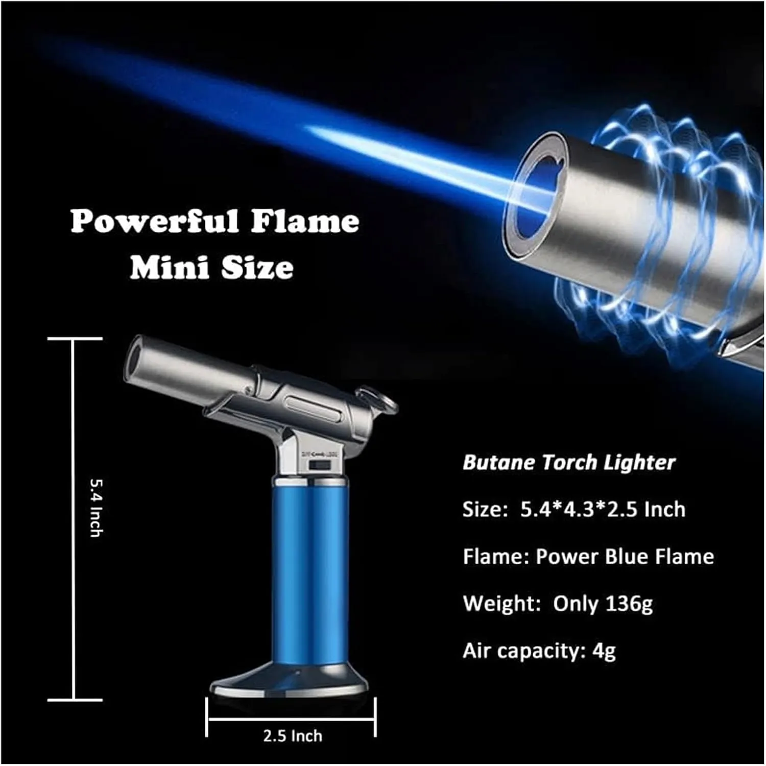Windproof refillable zinc Alloy Direct Spray Flame Lockable fire Large Capacity Adjustable Size Torch Lighter, Camping Candle Travel (not Butane)(Blue)