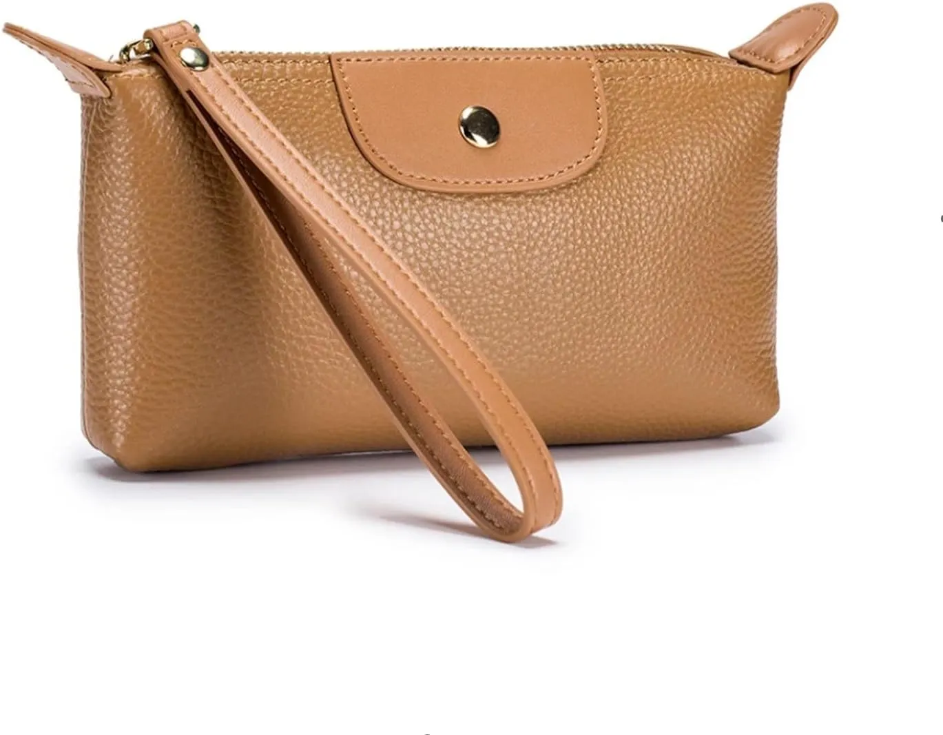 Women Genuine Real Leather Wristlet Wallet Clutch. 2 Zipped Pockets 3 Card Slots Purse (Tan Cognac)