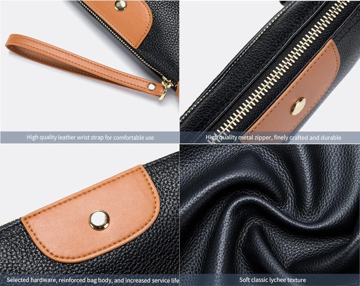 Women Genuine Real Leather Wristlet Wallet Clutch. 2 Zipped Pockets 3 Card Slots Purse (Tan Cognac)