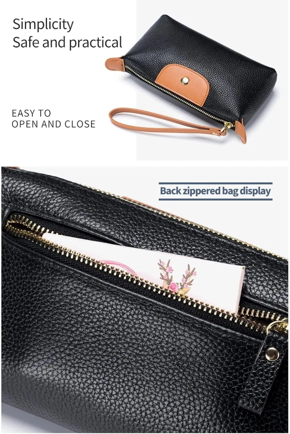 Women Genuine Real Leather Wristlet Wallet Clutch. 2 Zipped Pockets 3 Card Slots Purse (Tan Cognac)