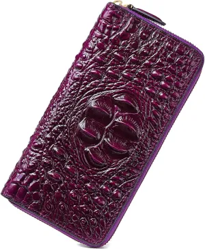 Women Leather Wallet RFID Designer crocodile Large Capacity Credit Cards Holder Organizer Phone Clutch (Purple)