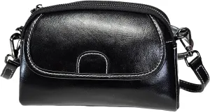 Women Small Genuine Top Grain Cow Leather Crossbody Shoulder Bag, 2 zipped compartments & front & Back Pockets HandBag
