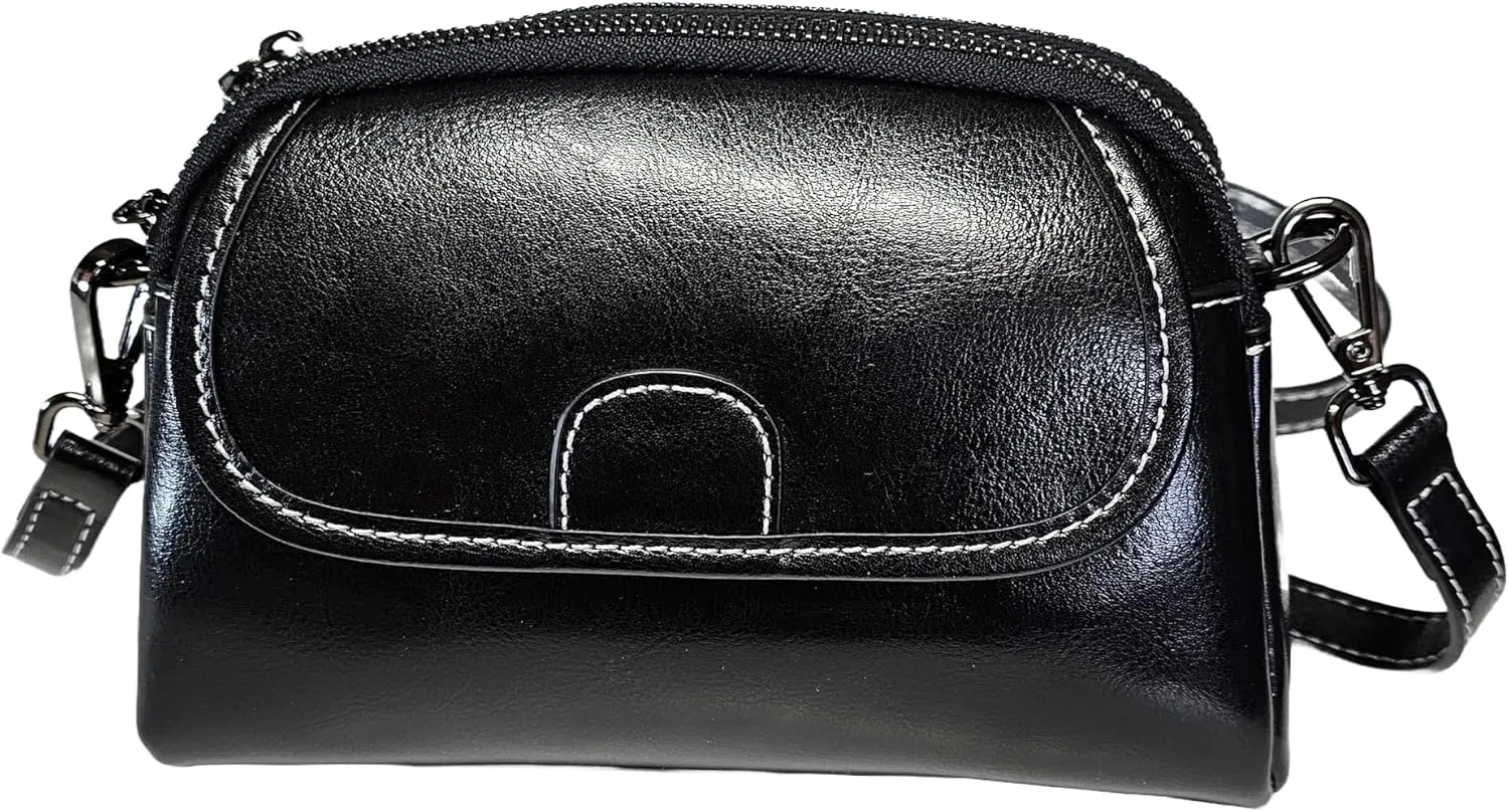 Women Small Genuine Top Grain Cow Leather Crossbody Shoulder Bag, 2 zipped compartments & front & Back Pockets HandBag