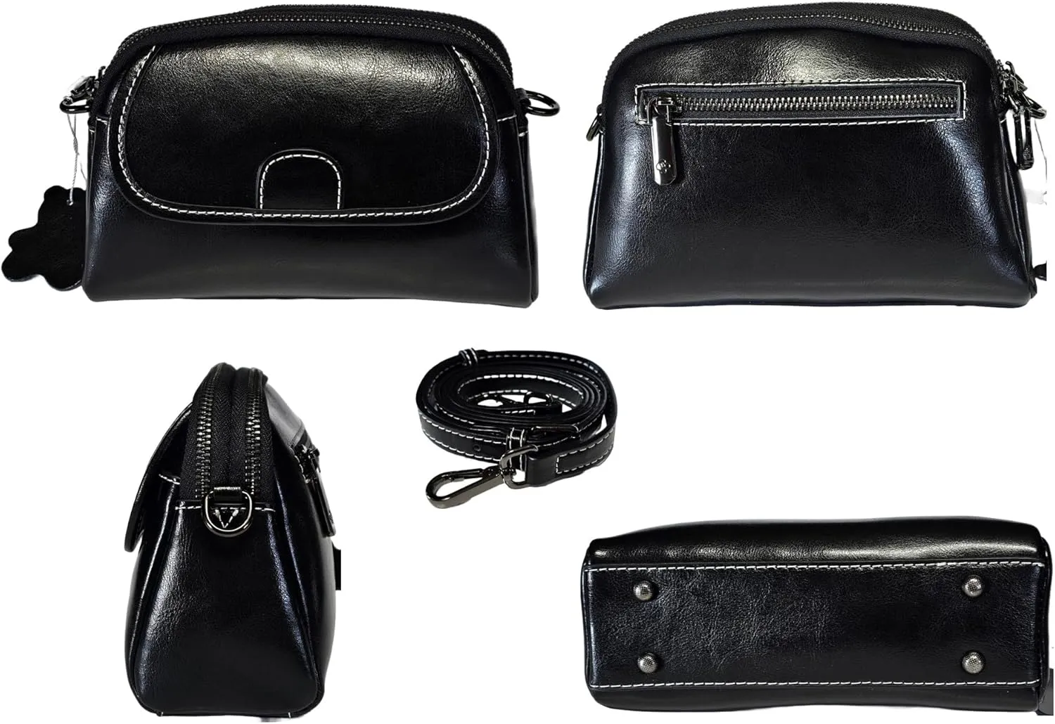 Women Small Genuine Top Grain Cow Leather Crossbody Shoulder Bag, 2 zipped compartments & front & Back Pockets HandBag