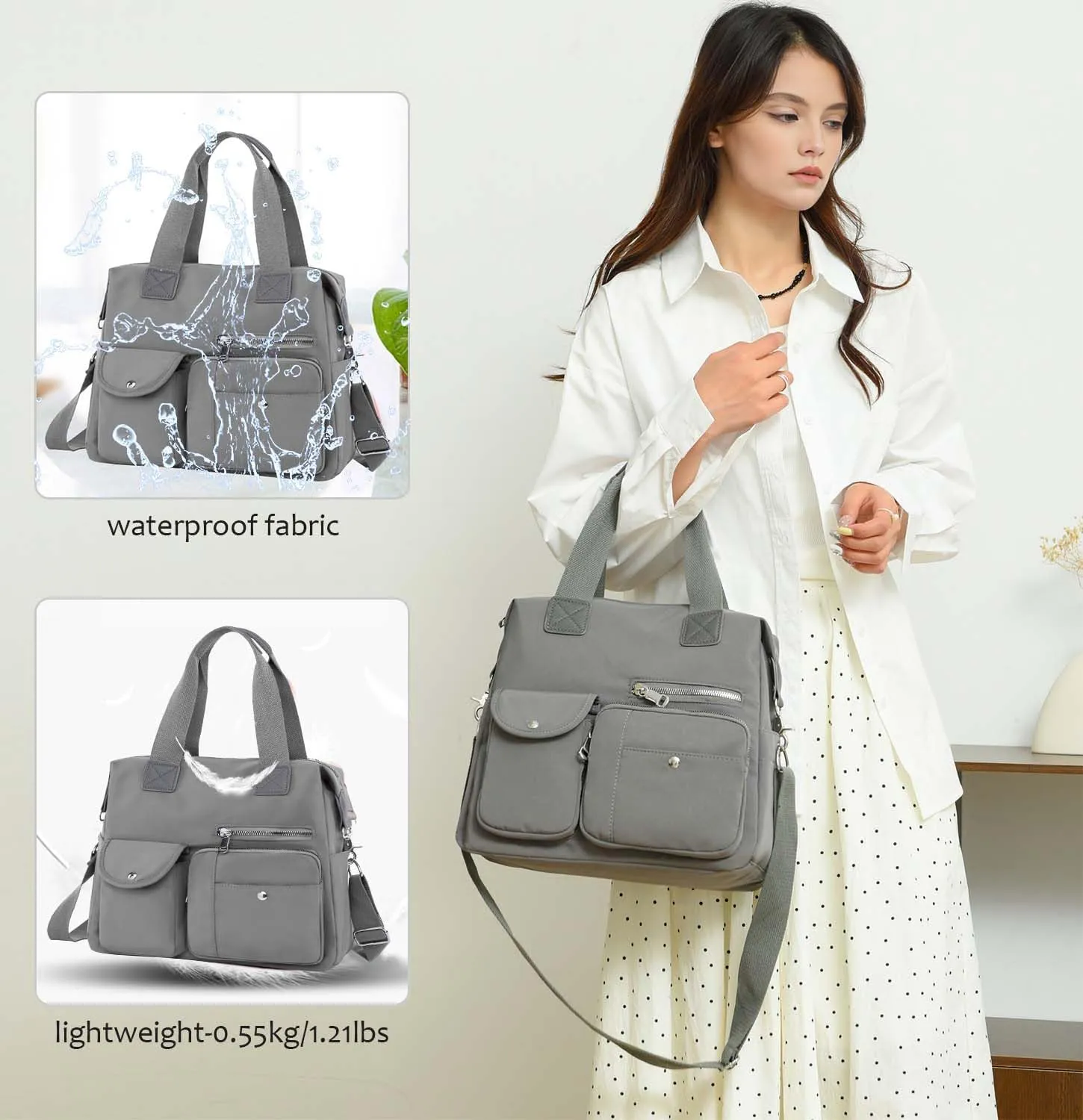 Women Utility Tote Bag Teacher Purses and Handbags for Nurse Waterproof Nylon Multi Pocket Shoulder Bag Work Tote Bag