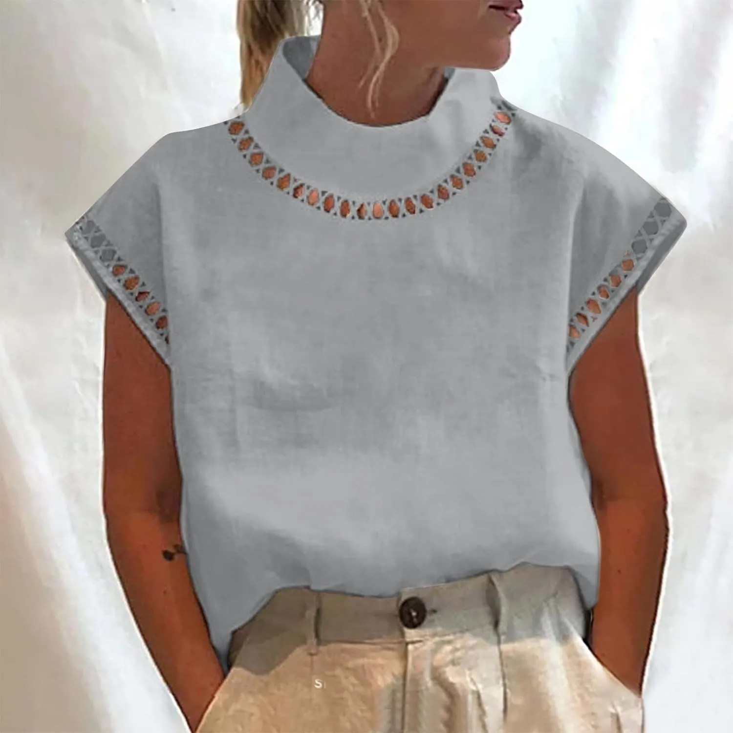 Womens Cotton Linen Tops Temperament Flying Sleeve Shirts High Round Neck Basic Summer Loose Fit Blouse Tees T-Shirt