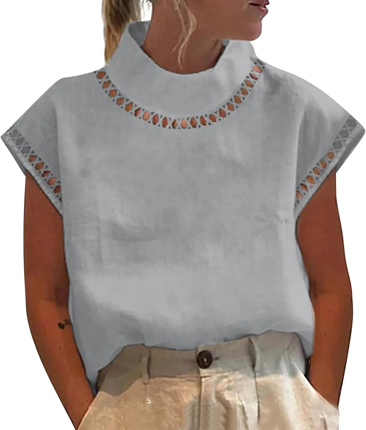 Womens Cotton Linen Tops Temperament Flying Sleeve Shirts High Round Neck Basic Summer Loose Fit Blouse Tees T-Shirt
