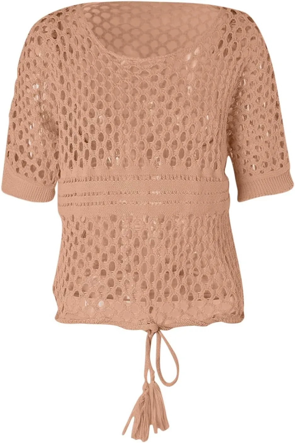 Womens Crochet Eyelet Tops Short Sleeve Summer Beach Sweater Oversized Boat Neck Going Out Mesh Cover Up T Shirts