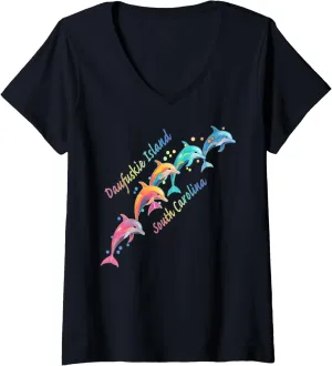 Womens Dolphin Lover Daufuskie Island SC Family Beach Vacation V-Neck T-Shirt