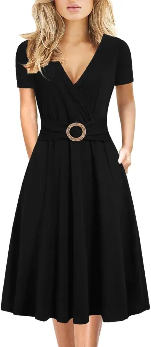 Women's Elegant Criss-Cross V Neck Vintage Short Sleeve Work Casual Fit and Flare Tea Dress with Pockets 980
