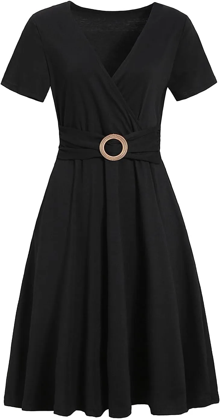 Women's Elegant Criss-Cross V Neck Vintage Short Sleeve Work Casual Fit and Flare Tea Dress with Pockets 980