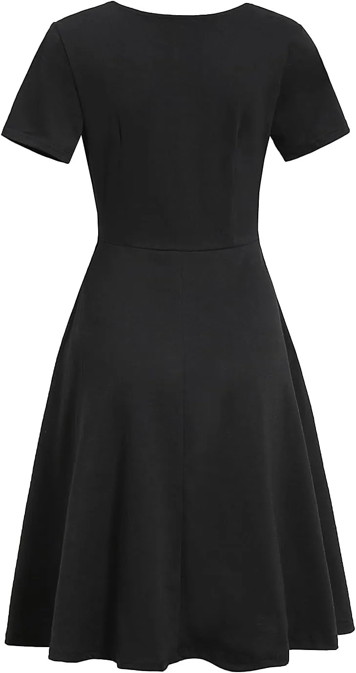 Women's Elegant Criss-Cross V Neck Vintage Short Sleeve Work Casual Fit and Flare Tea Dress with Pockets 980