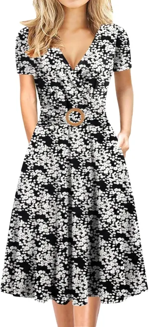 Women's Elegant Criss-Cross V Neck Vintage Short Sleeve Work Casual Fit and Flare Tea Dress with Pockets 980