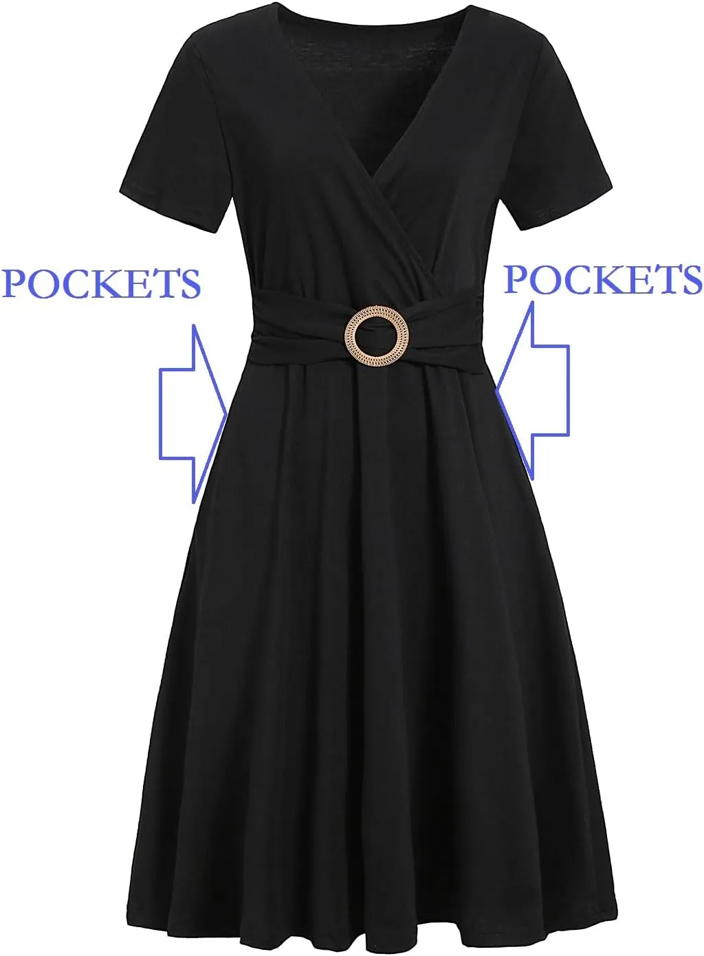 Women's Elegant Criss-Cross V Neck Vintage Short Sleeve Work Casual Fit and Flare Tea Dress with Pockets 980